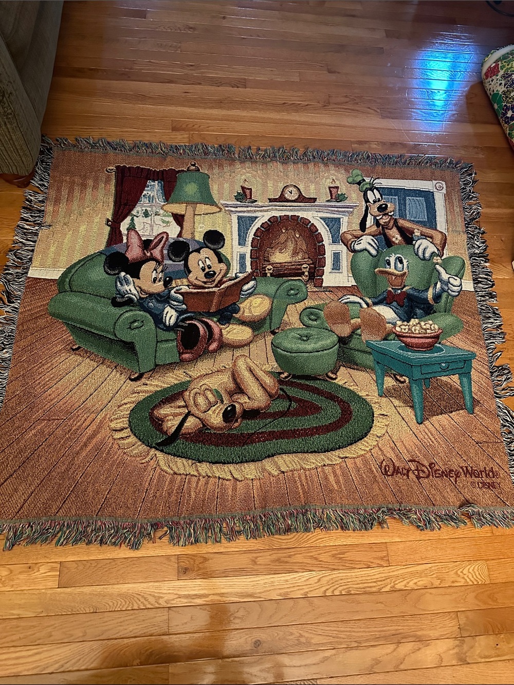 Walt Disney World woven tapestry blanket featuring Mickey and Minnie Mouse